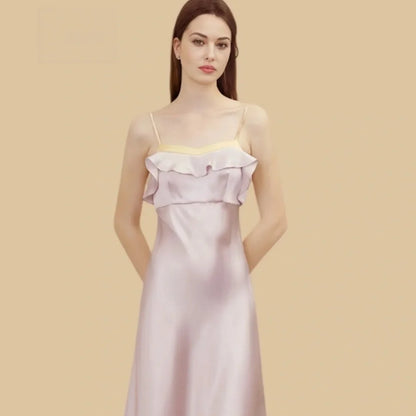 100% Mulberry Silk 19Momme Spaghetti Strap Midi Nightgown with Contrast Ruffle Neck