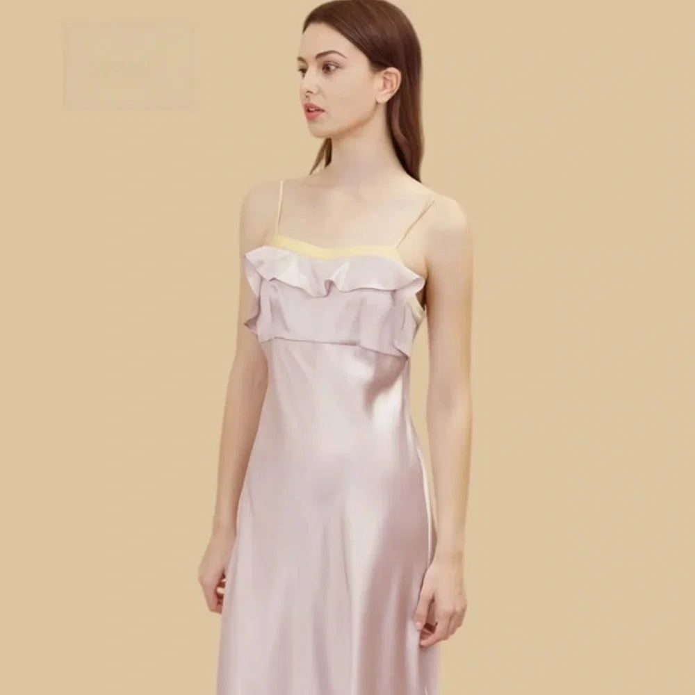 100% Mulberry Silk 19Momme Spaghetti Strap Midi Nightgown with Contrast Ruffle Neck