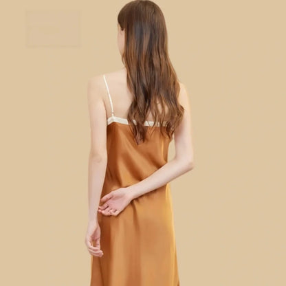 100% Mulberry Silk 19Momme Spaghetti Strap Midi Nightgown with Contrast Ruffle Neck