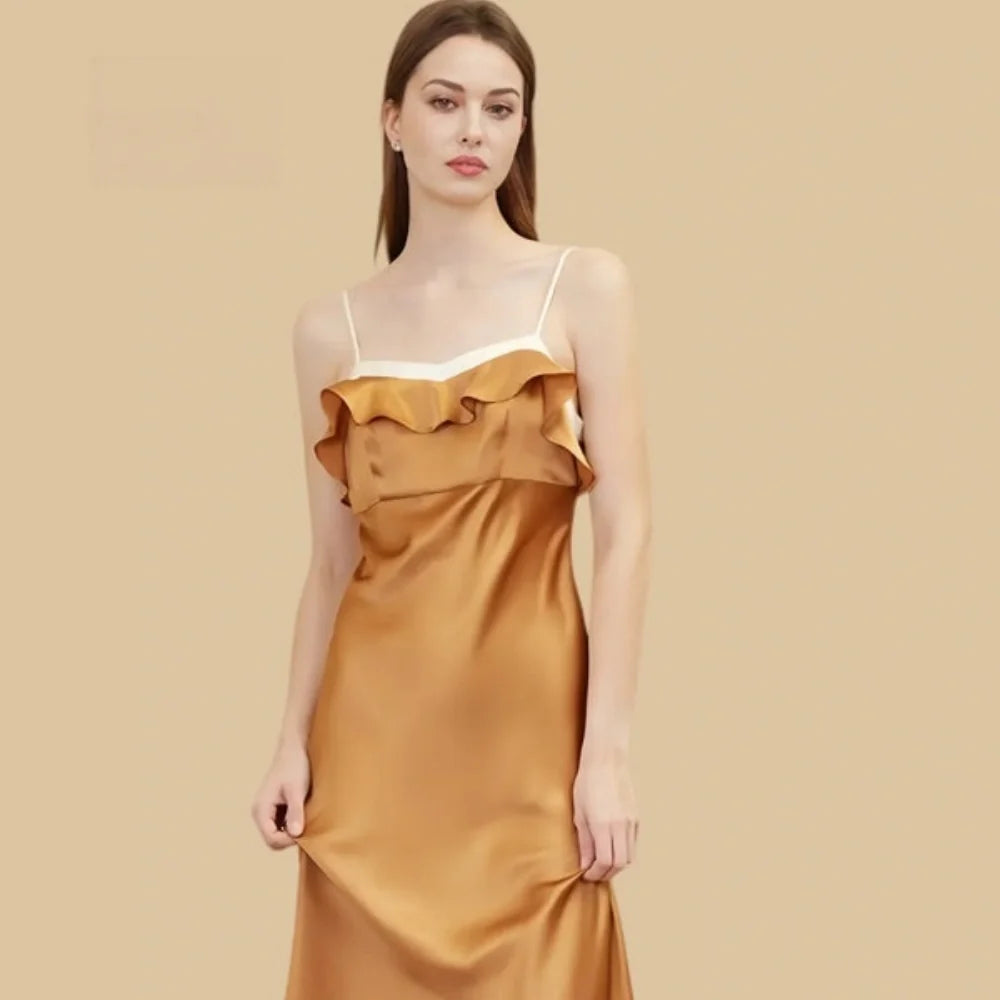100% Mulberry Silk 19Momme Spaghetti Strap Midi Nightgown with Contrast Ruffle Neck
