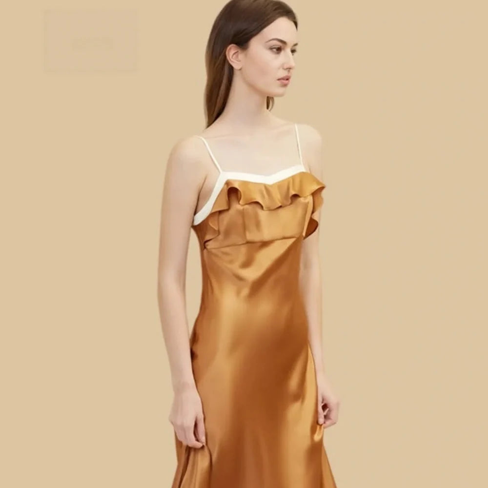 100% Mulberry Silk 19Momme Spaghetti Strap Midi Nightgown with Contrast Ruffle Neck