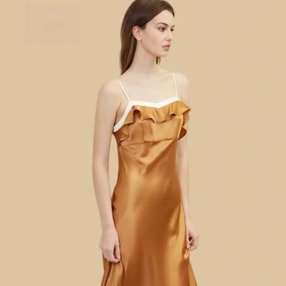 100% Mulberry Silk 19Momme Spaghetti Strap Midi Nightgown with Contrast Ruffle Neck