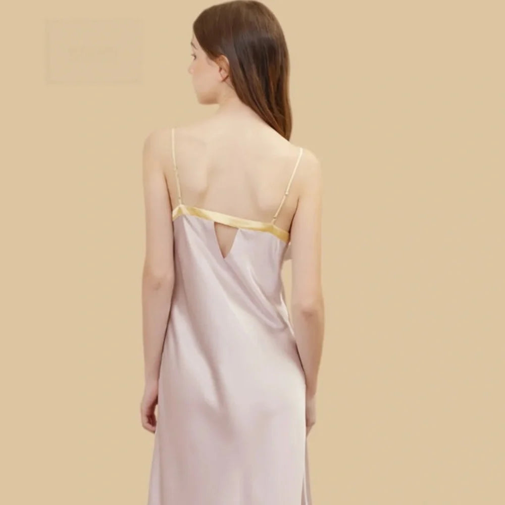 100% Mulberry Silk 19Momme Spaghetti Strap Midi Nightgown with Contrast Ruffle Neck