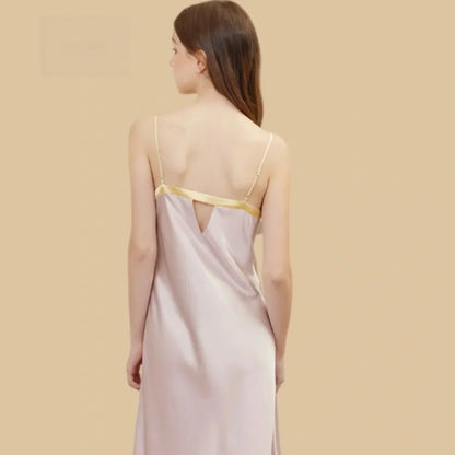 100% Mulberry Silk 19Momme Spaghetti Strap Midi Nightgown with Contrast Ruffle Neck