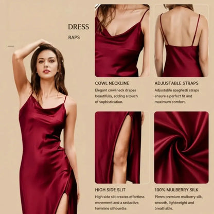 100% Mulberry Silk 19Momme Spaghetti Strap Midi Nightgown with Cowl Neck and Side Slit