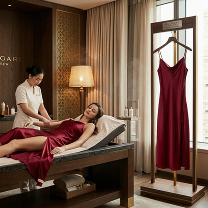 100% Mulberry Silk 19Momme Spaghetti Strap Midi Nightgown with Cowl Neck and Side Slit