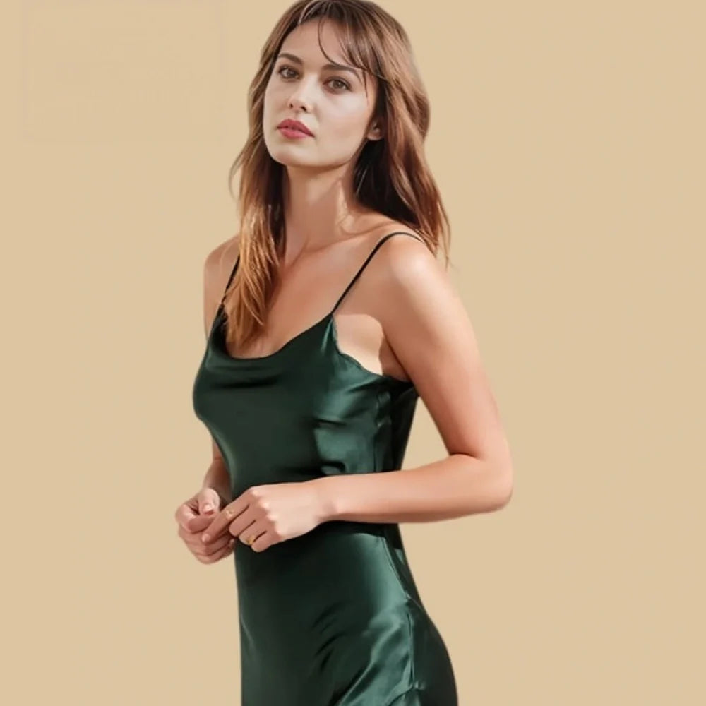 100% Mulberry Silk 19Momme Spaghetti Strap Midi Nightgown with Cowl Neck and Side Slit