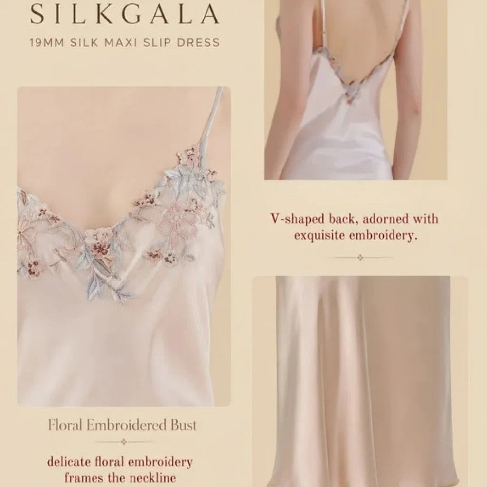 100% Mulberry Silk 19Momme Spaghetti Strap Midi Nightgown with Floral Embroidered V-Neck