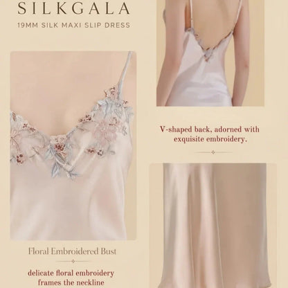 100% Mulberry Silk 19Momme Spaghetti Strap Midi Nightgown with Floral Embroidered V-Neck
