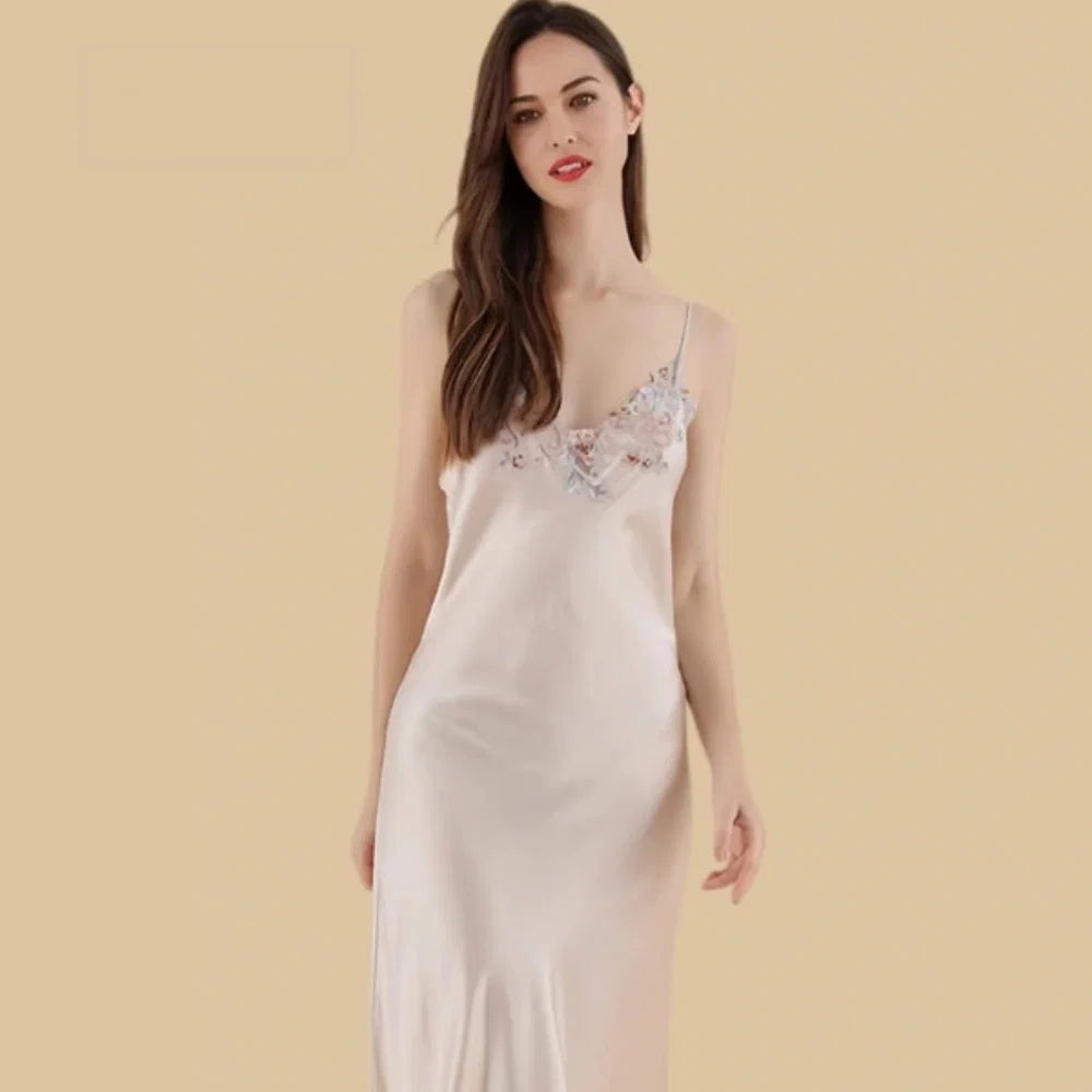 100% Mulberry Silk 19Momme Spaghetti Strap Midi Nightgown with Floral Embroidered V-Neck