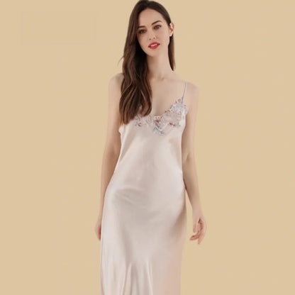 100% Mulberry Silk 19Momme Spaghetti Strap Midi Nightgown with Floral Embroidered V-Neck