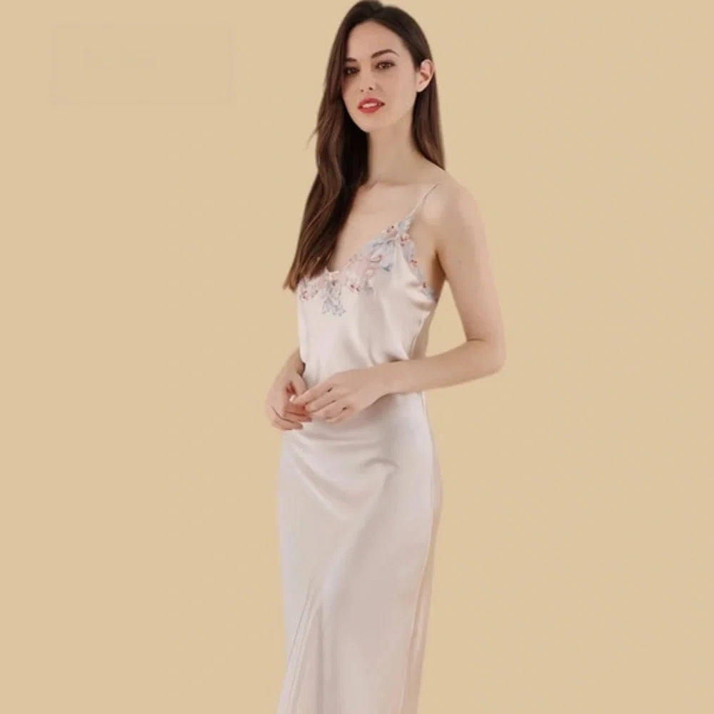 100% Mulberry Silk 19Momme Spaghetti Strap Midi Nightgown with Floral Embroidered V-Neck
