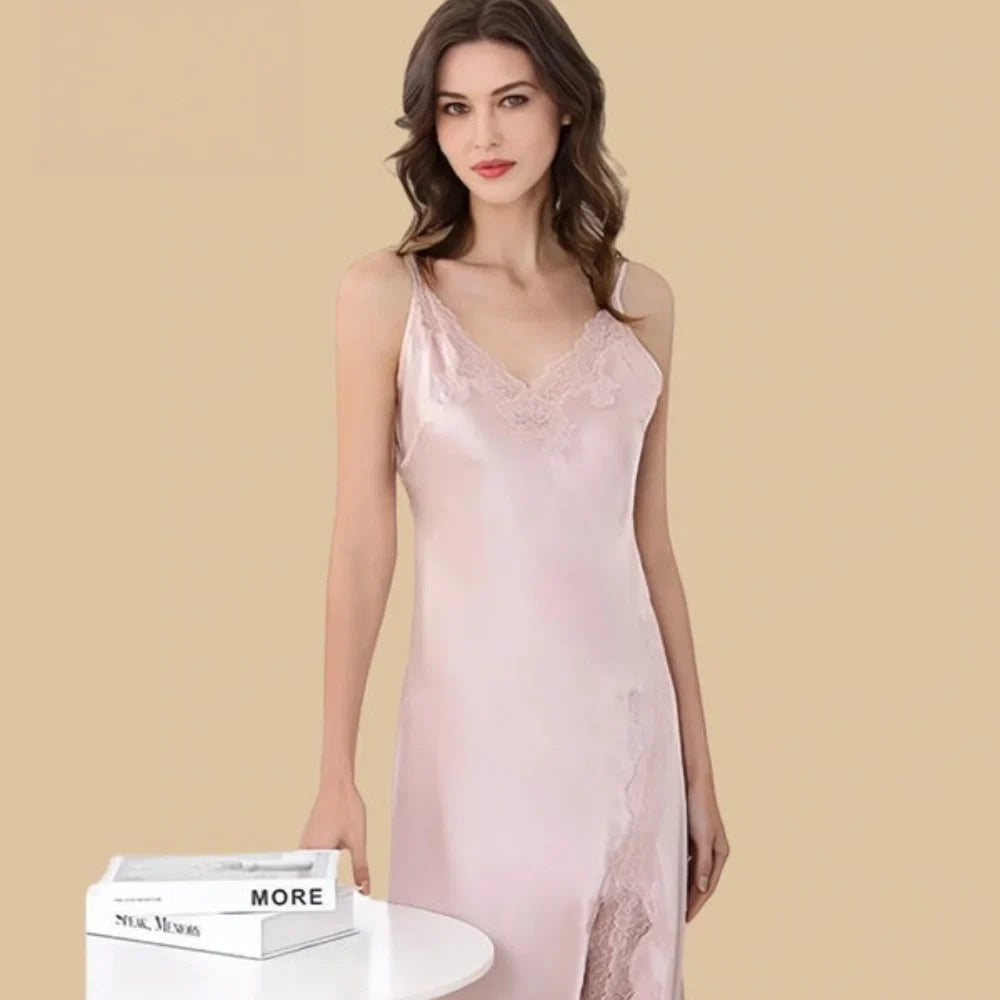 100% Mulberry Silk 19Momme Spaghetti Strap Midi Nightgown with Lace Trim V-neck and Side Slit