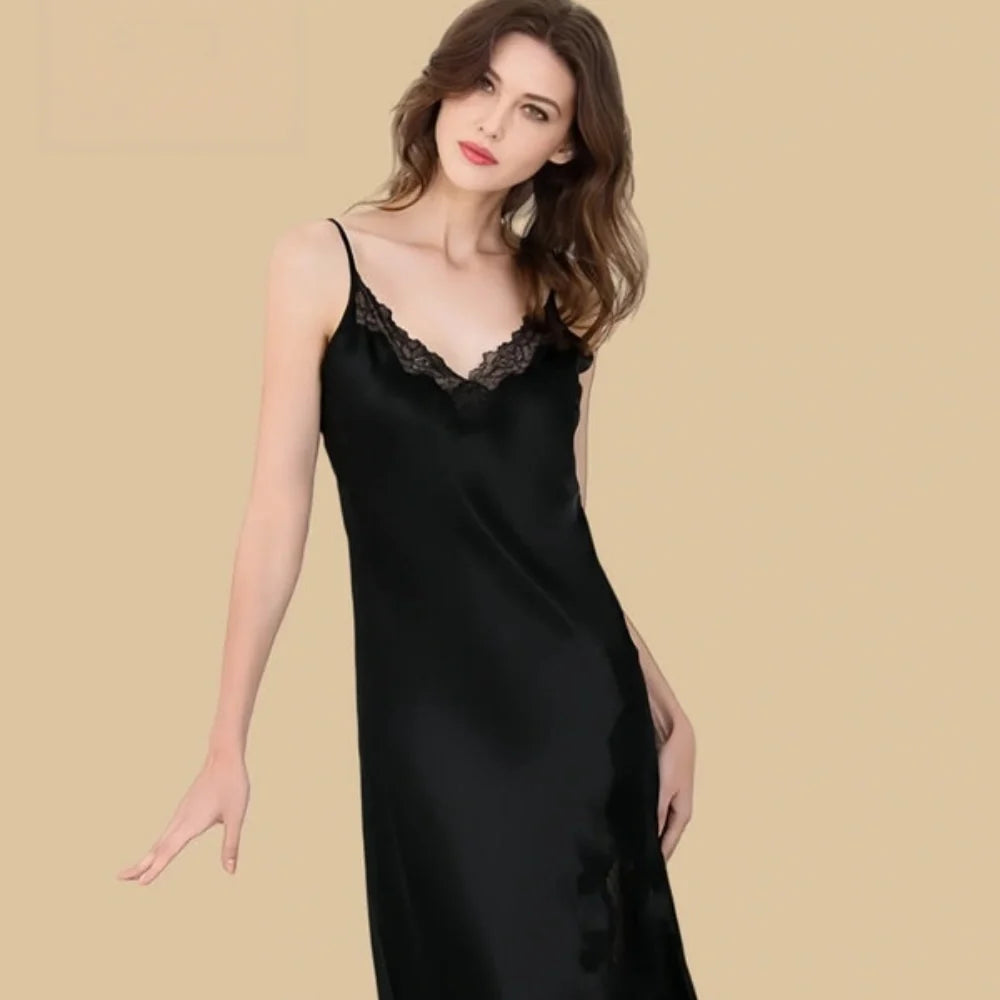 100% Mulberry Silk 19Momme Spaghetti Strap Midi Nightgown with Lace Trim V-neck and Side Slit