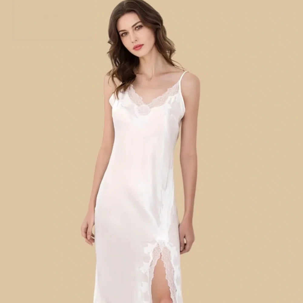 100% Mulberry Silk 19Momme Spaghetti Strap Midi Nightgown with Lace Trim V-neck and Side Slit