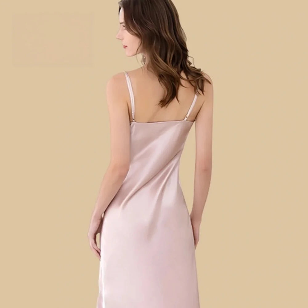 100% Mulberry Silk 19Momme Spaghetti Strap Midi Nightgown with Lace Trim V-neck and Side Slit