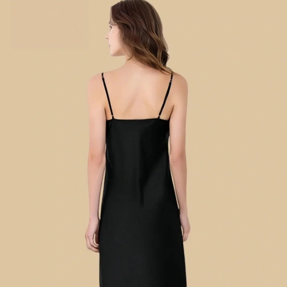 100% Mulberry Silk 19Momme Spaghetti Strap Midi Nightgown with Lace Trim V-neck and Side Slit