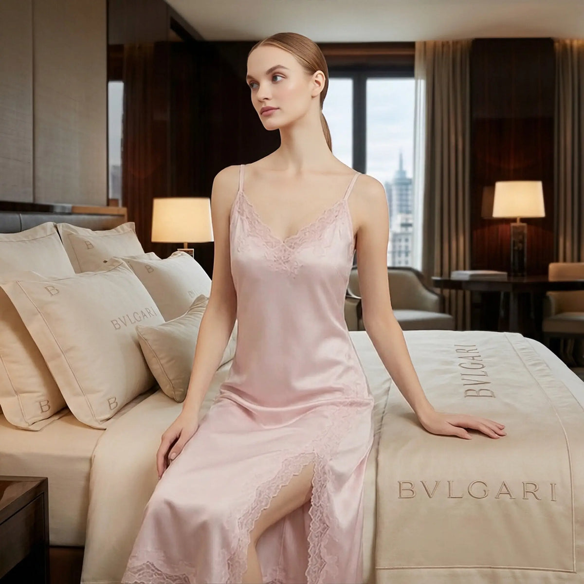 100% Mulberry Silk 19Momme Spaghetti Strap Midi Nightgown with Lace Trim V-neck and Side Slit