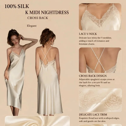 100% Mulberry Silk 19Momme Spaghetti Strap Midi Nightgown with Lace V-Neck and Cross-Back