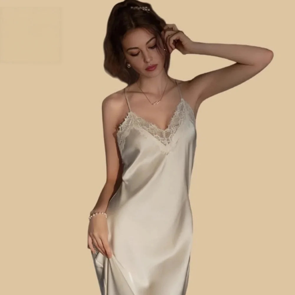 100% Mulberry Silk 19Momme Spaghetti Strap Midi Nightgown with Lace V-Neck and Cross-Back
