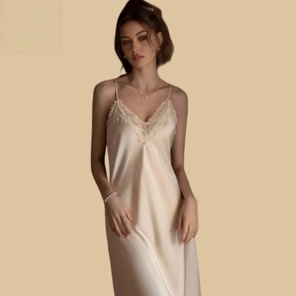 100% Mulberry Silk 19Momme Spaghetti Strap Midi Nightgown with Lace V-Neck and Cross-Back