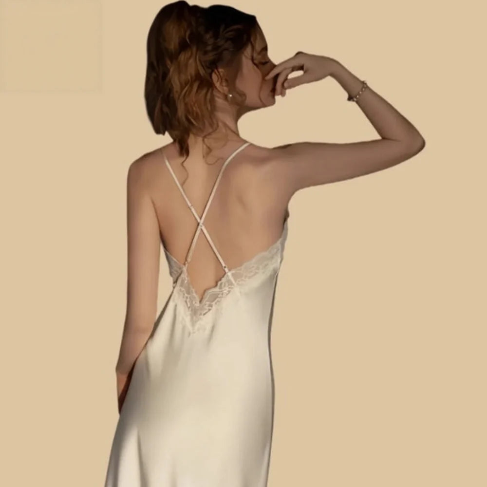 100% Mulberry Silk 19Momme Spaghetti Strap Midi Nightgown with Lace V-Neck and Cross-Back