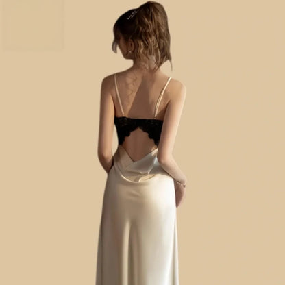 100% Mulberry Silk 19Momme Spaghetti Strap Midi Nightgown with Lace and Open Back Design