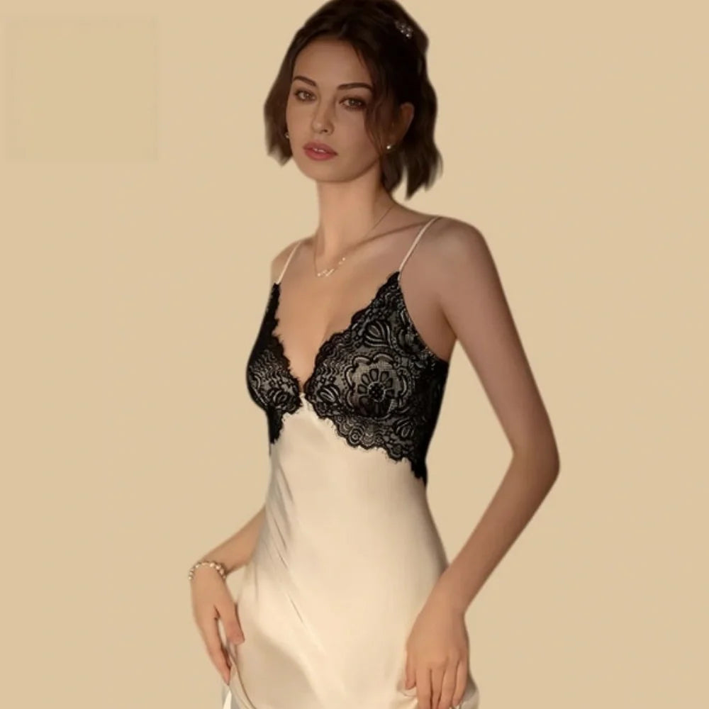 100% Mulberry Silk 19Momme Spaghetti Strap Midi Nightgown with Lace and Open Back Design
