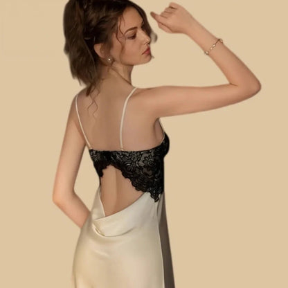 100% Mulberry Silk 19Momme Spaghetti Strap Midi Nightgown with Lace and Open Back Design