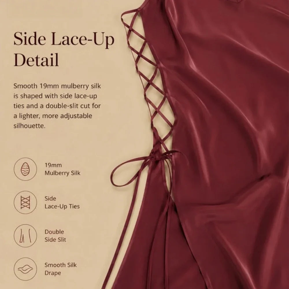 100% Mulberry Silk 19Momme Spaghetti Strap Mini Nightgown with Lace-Up Double Side Slit Design