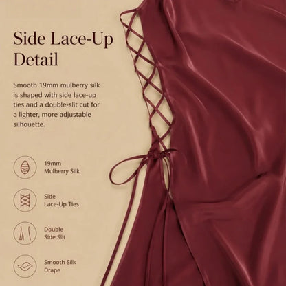 100% Mulberry Silk 19Momme Spaghetti Strap Mini Nightgown with Lace-Up Double Side Slit Design