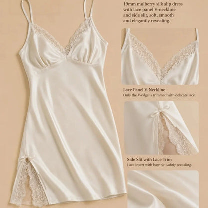 100% Mulberry Silk 19Momme Spaghetti Strap Mini Nightgown with Lace V-Neck and Side Slit Design