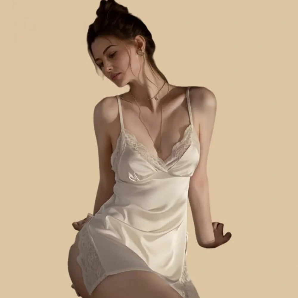 100% Mulberry Silk 19Momme Spaghetti Strap Mini Nightgown with Lace V-Neck and Side Slit Design