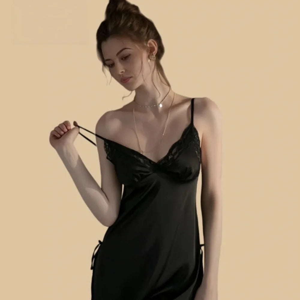 100% Mulberry Silk 19Momme Spaghetti Strap Mini Nightgown with Lace V-Neck and Side Slit Design