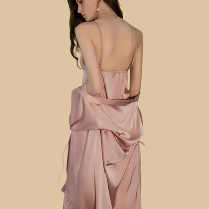 100% Mulberry Silk 19Momme Spaghetti Strap Nightgown &amp; Kimono Robe Set with Lace Trim Design