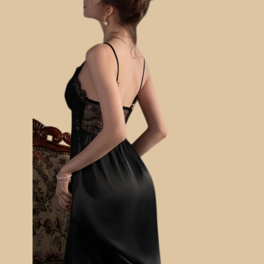 100% Mulberry Silk 19Momme Spaghetti Strap Nightgown &amp; Kimono Robe Set with Lace Trim Design