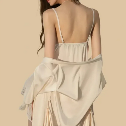 100% Mulberry Silk 19Momme Spaghetti Strap Nightgown &amp; Kimono Robe Set with Lace Trim Design