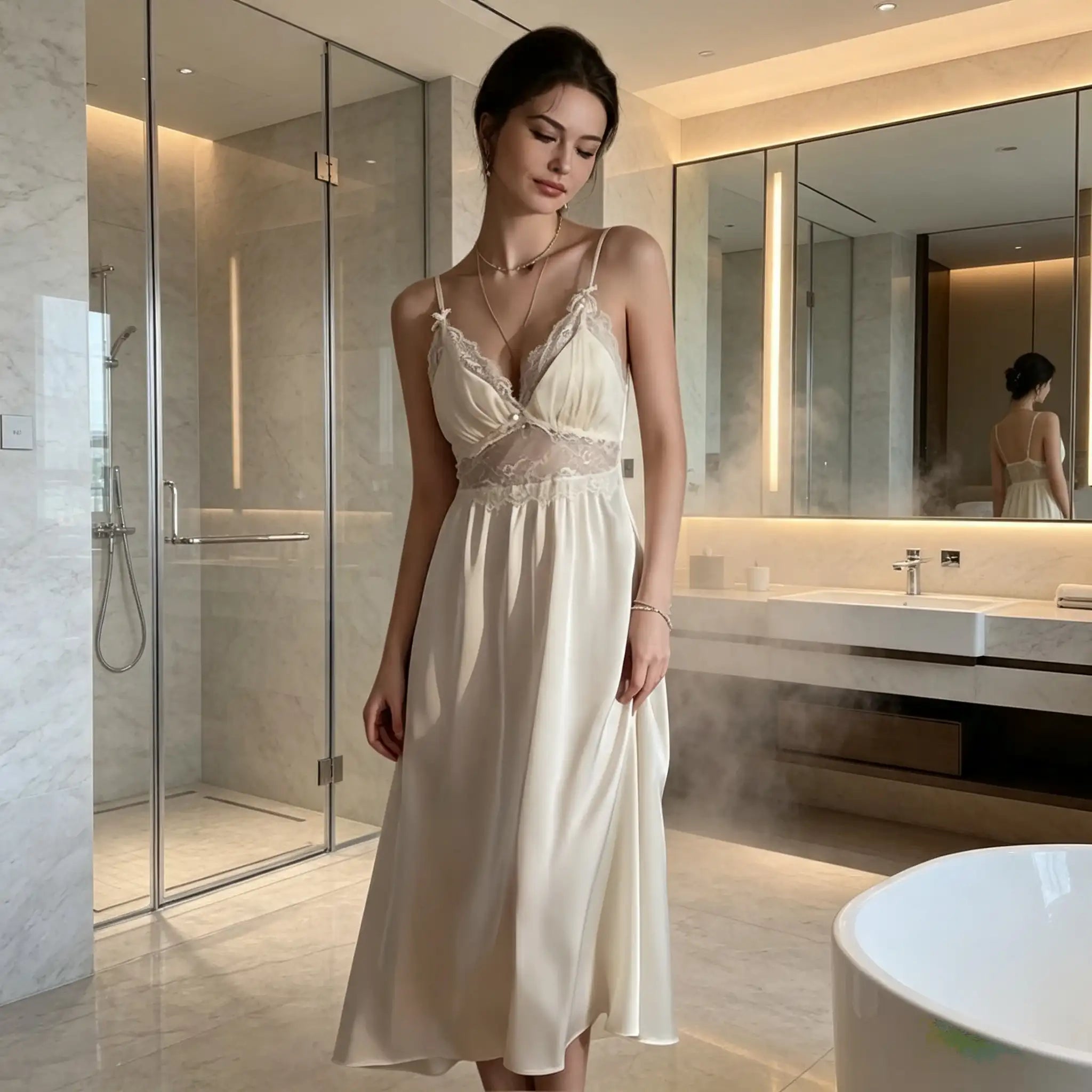 100% Mulberry Silk 19Momme Spaghetti Strap Nightgown &amp; Kimono Robe Set with Lace Trim Design