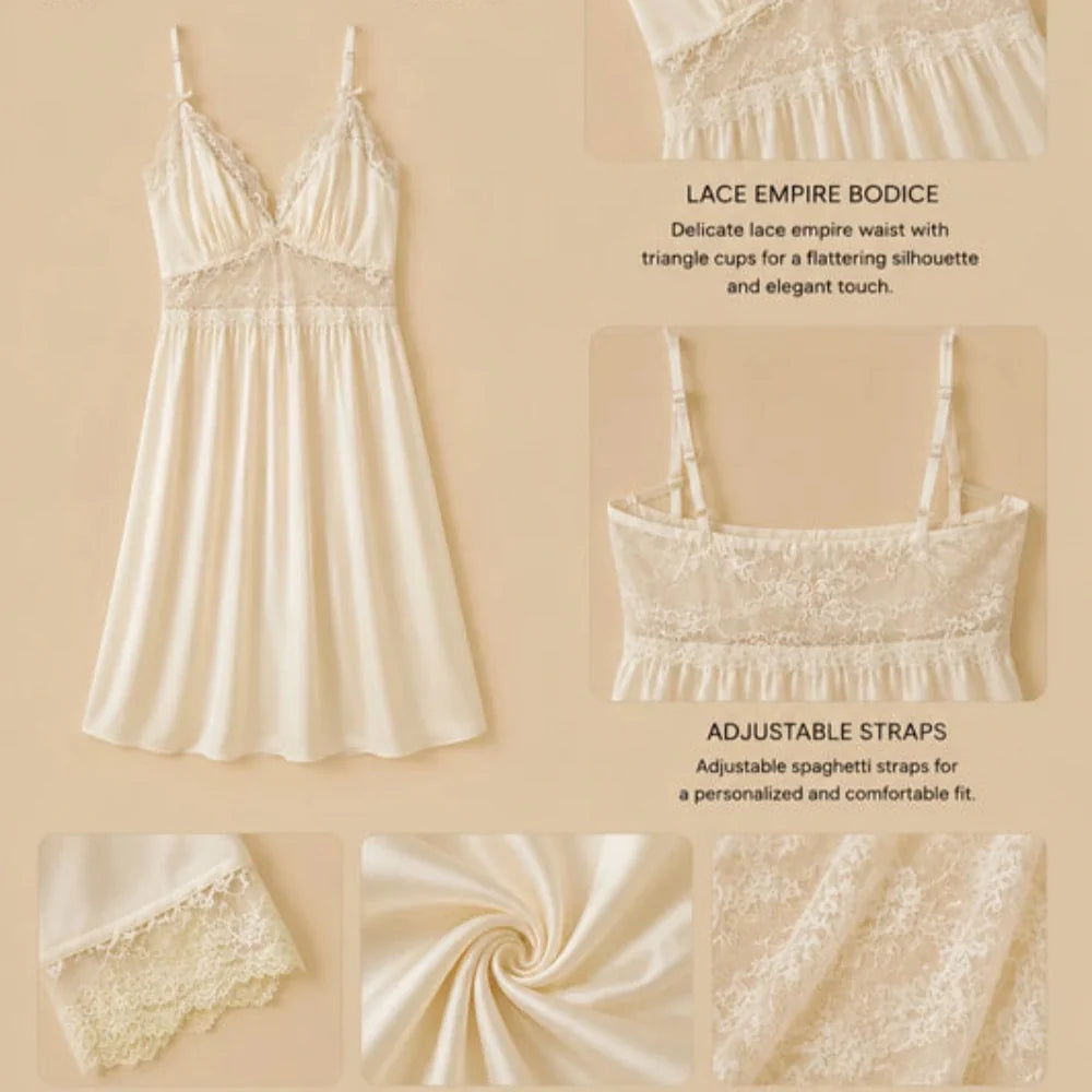 100% Mulberry Silk 19Momme Spaghetti Strap Nightgown &amp; Kimono Robe Set with Lace Trim Design