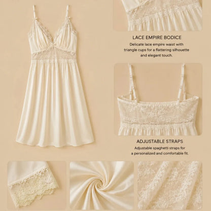 100% Mulberry Silk 19Momme Spaghetti Strap Nightgown &amp; Kimono Robe Set with Lace Trim Design