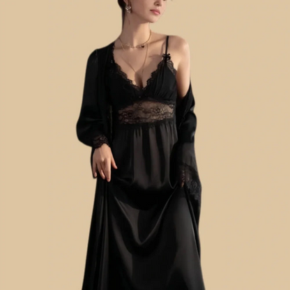 100% Mulberry Silk 19Momme Spaghetti Strap Nightgown &amp; Kimono Robe Set with Lace Trim Design