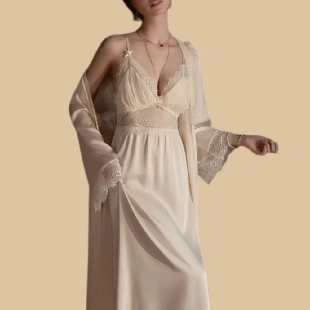 100% Mulberry Silk 19Momme Spaghetti Strap Nightgown &amp; Kimono Robe Set with Lace Trim Design