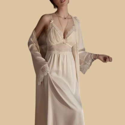100% Mulberry Silk 19Momme Spaghetti Strap Nightgown &amp; Kimono Robe Set with Lace Trim Design