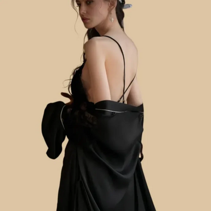 100% Mulberry Silk 19Momme Spaghetti Strap Nightgown &amp; Kimono Robe Set with Lace and Belt Design
