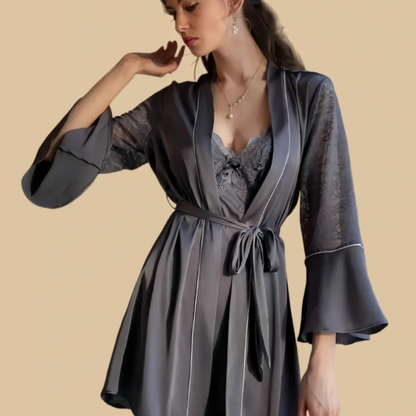 100% Mulberry Silk 19Momme Spaghetti Strap Nightgown &amp; Kimono Robe Set with Lace and Belt Design