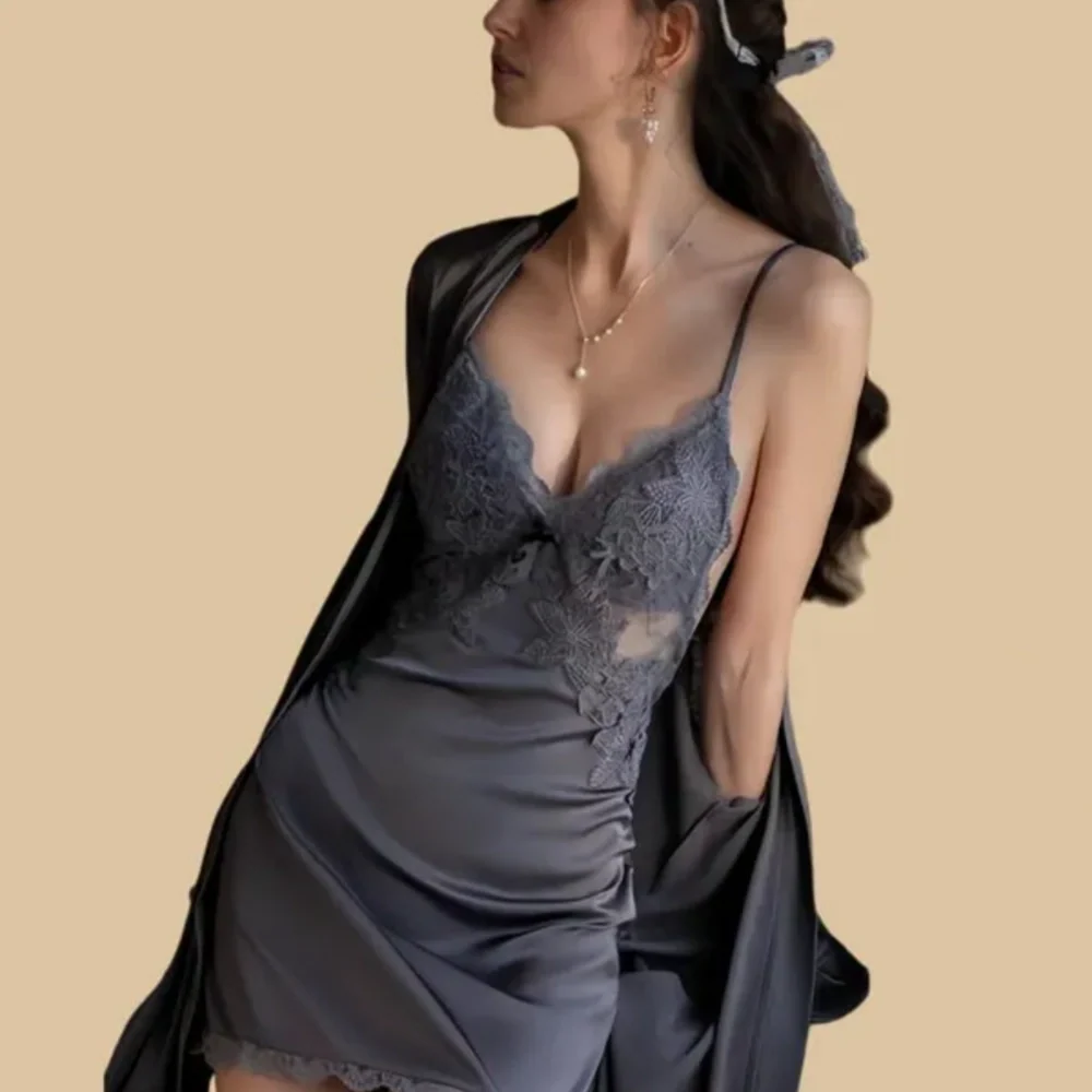 100% Mulberry Silk 19Momme Spaghetti Strap Nightgown &amp; Kimono Robe Set with Lace and Belt Design