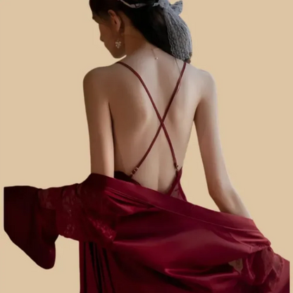 100% Mulberry Silk 19Momme Spaghetti Strap Nightgown &amp; Kimono Robe Set with Lace and Belt Design