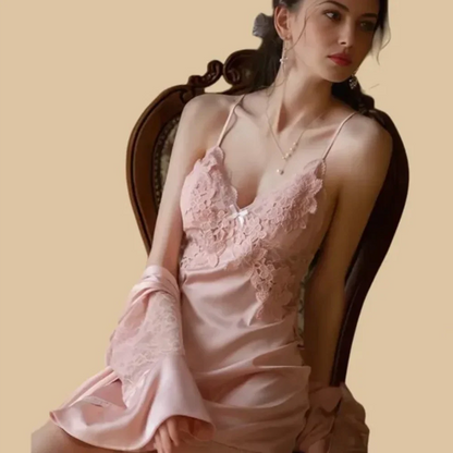 100% Mulberry Silk 19Momme Spaghetti Strap Nightgown &amp; Kimono Robe Set with Lace and Belt Design