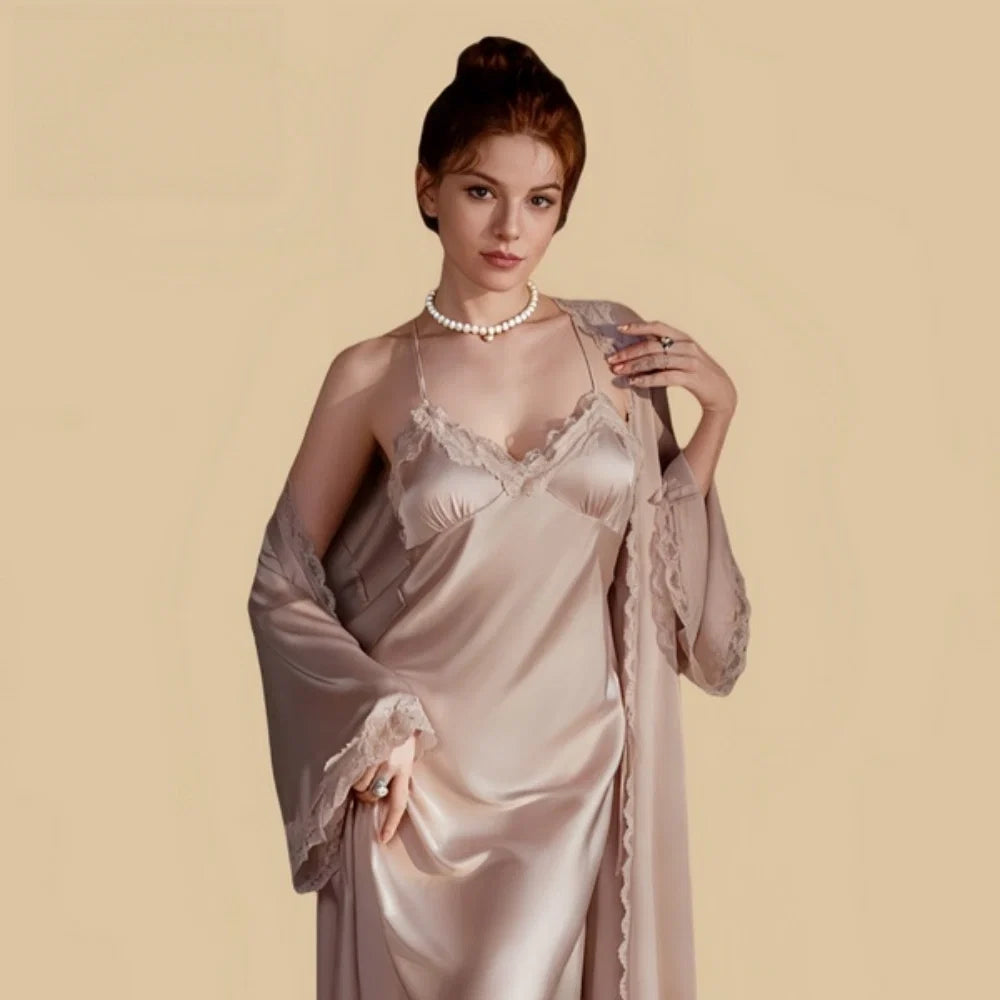 100% Mulberry Silk 19Momme Spaghetti Strap Nightgown &amp; Robe with Lace Design