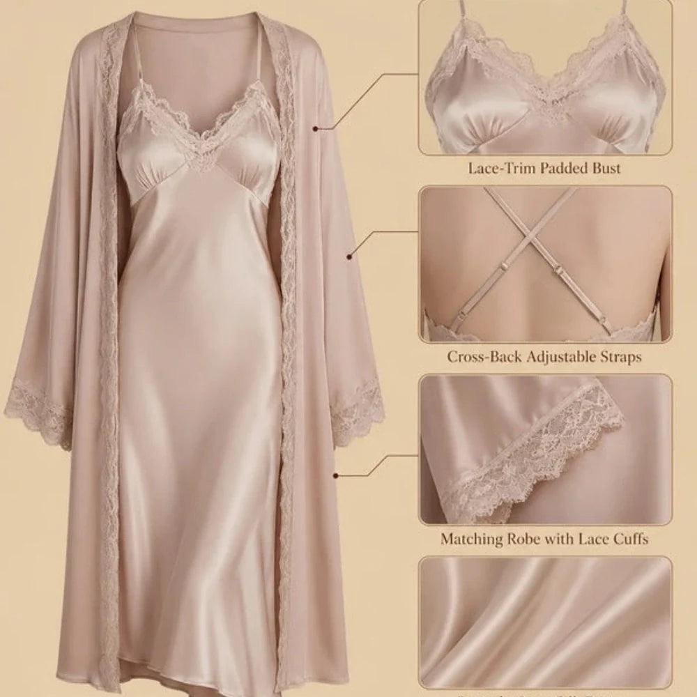 100% Mulberry Silk 19Momme Spaghetti Strap Nightgown &amp; Robe with Lace Design
